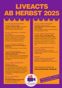 Vorschau auf das Programm ab Herbst 2025. Los geht´s am 27.09. mit der Jahresfeier Kulturtheater Tutzinger Filmerkundungen: 